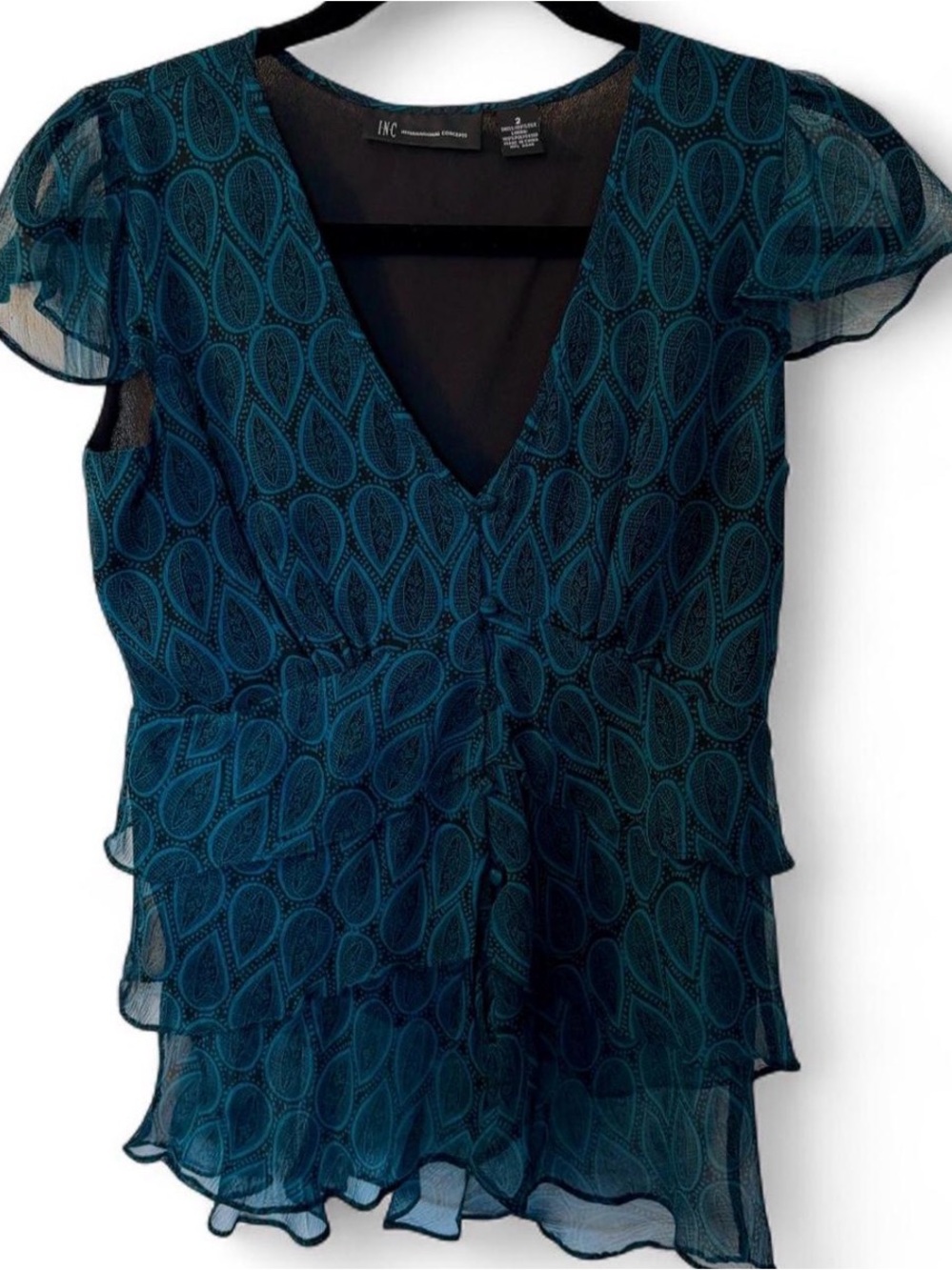 I.N.C Teal & Black Silk Paisley Button Down Tiered Blouse Size 2